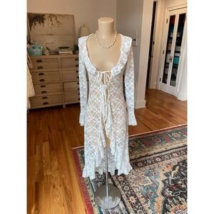 See You Monday White Lace Sheer Tie Front Duster Size Small